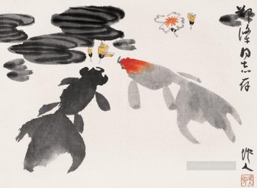 Animal Painting - Peces dorados y flores de Wu Zuoren.